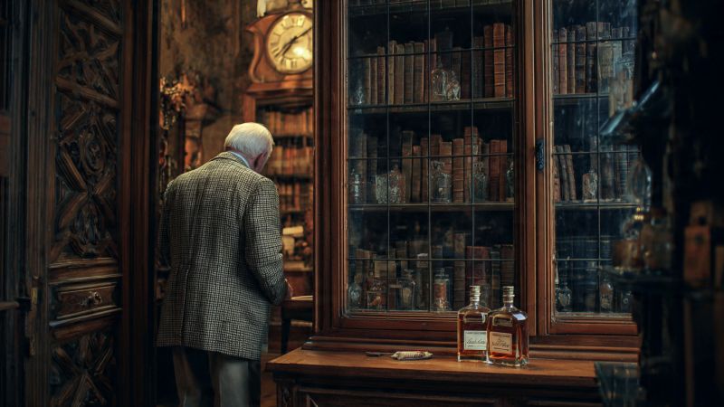 old man looking at his collection of books and catalogs