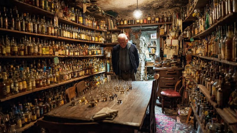 a man looking at his storage room with whisky bottles